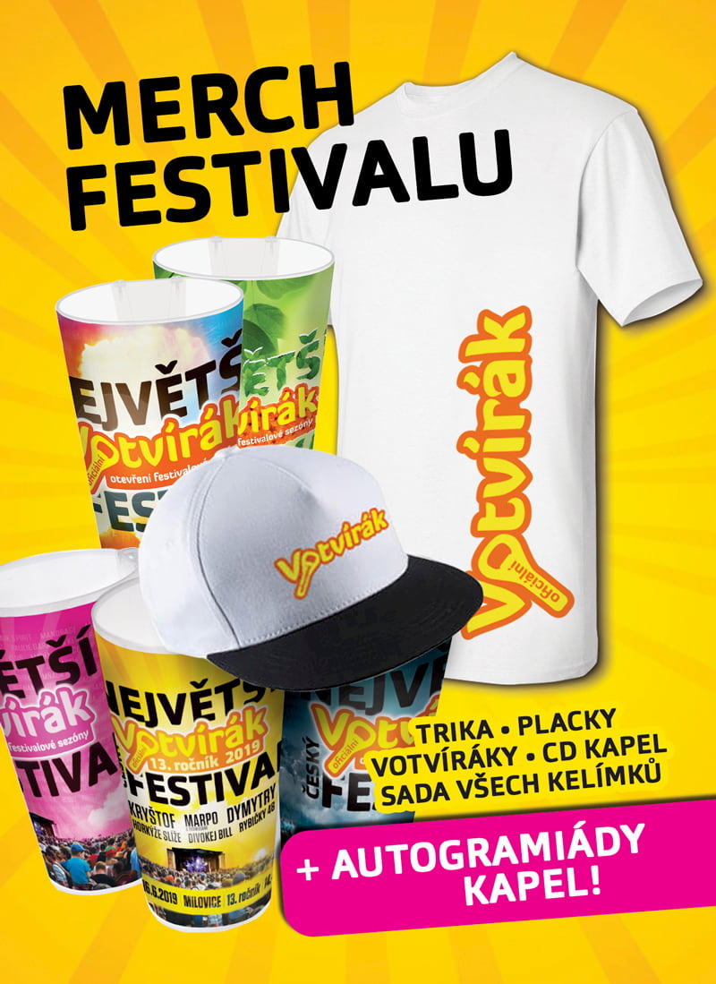 merchandising festivalu Votvírák - trička, placky, čepice, kelímky